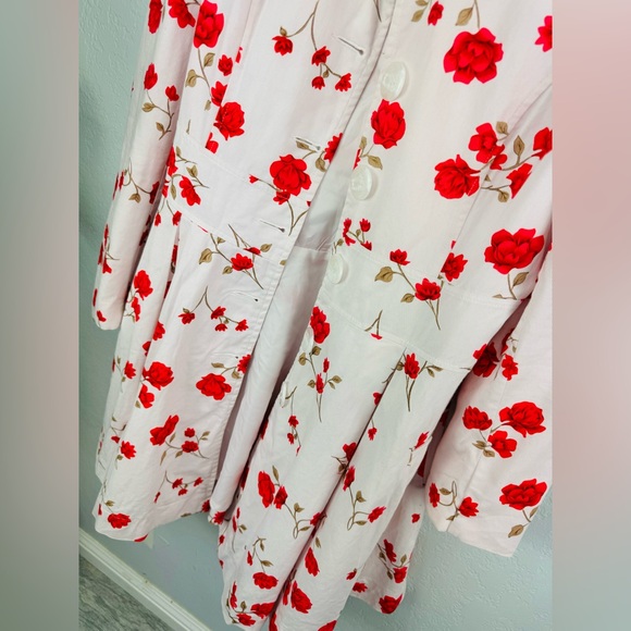 New Red Pink Roses Floral Red and White Fit & Flare Princess Pea Coat - Picture 4 of 11